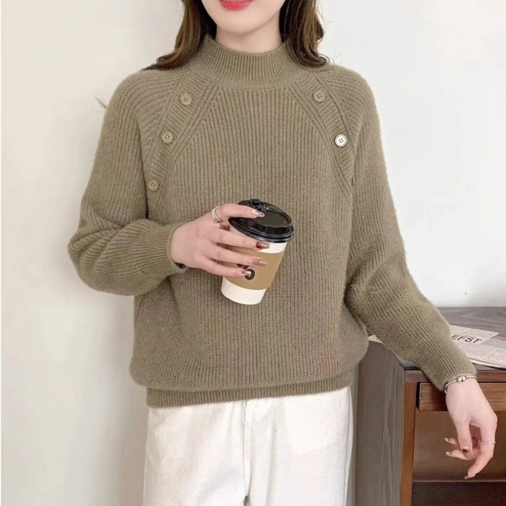 Damen Grobstrickpullover mit modernem Stehkragen und Knopfdetails Drune