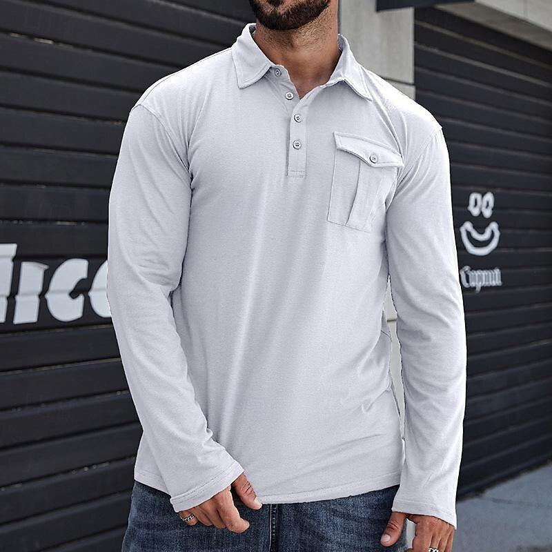 Drune | Henley Pique Shirt Lange Ärmel Moderner Kragen Brusttasche Normale Passform