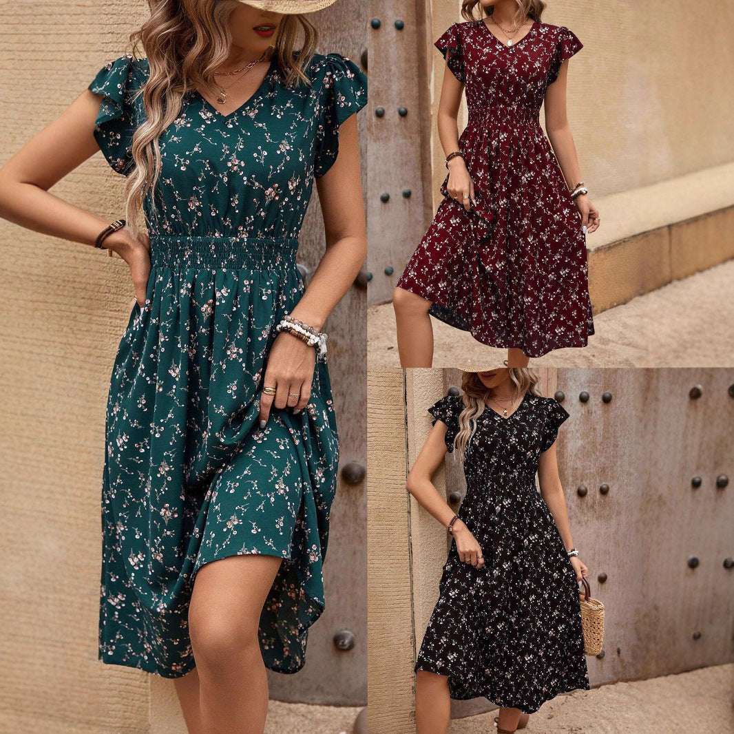 Damen Midikleid mit floralem Muster und Raffungen Drune