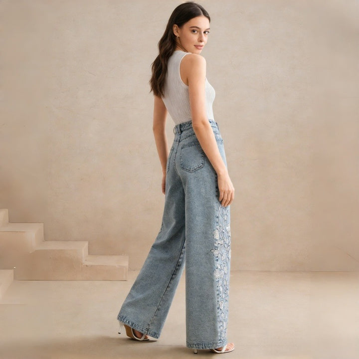 Damen Weitgeschnittene Jeans mit floralem Stickdesign Drune