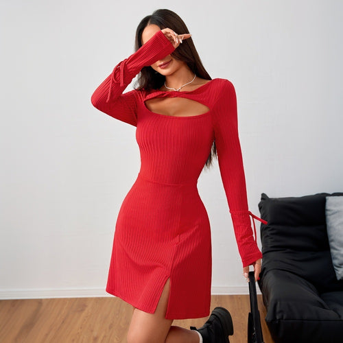 Damen figurbetontes Minikleid mit langen Ärmeln und Cut-Out-Ausschnitt Drune