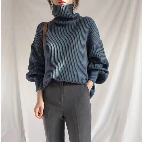 Damen Grobstrickpullover mit hohem Kragen und voluminösen Ärmeln Drune