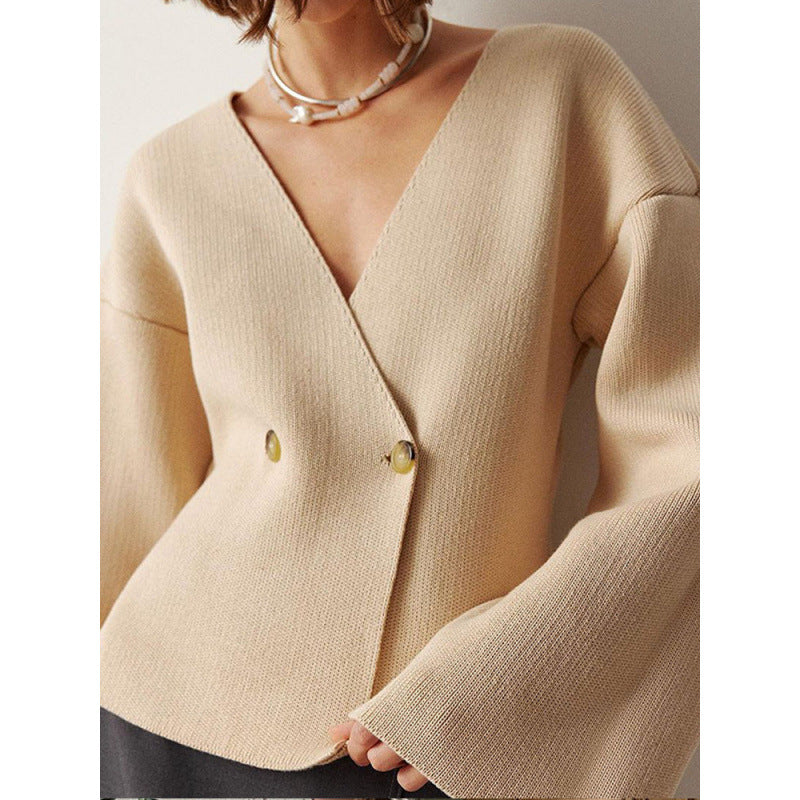 Damen modische Strickjacke mit tiefem V-Ausschnitt und eleganten Knopfdetails Drune