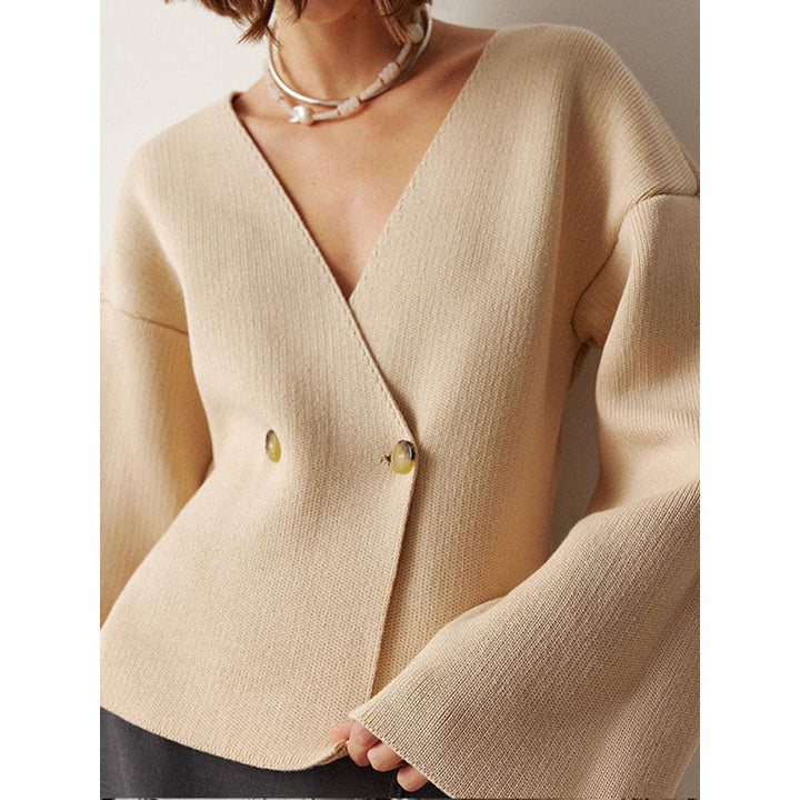 Damen modische Strickjacke mit tiefem V-Ausschnitt und eleganten Knopfdetails Drune
