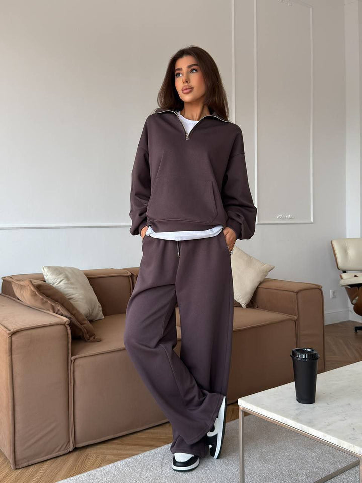 Damen sportlicher Pullover mit halbem Reißverschluss und weiten Hosen Drune
