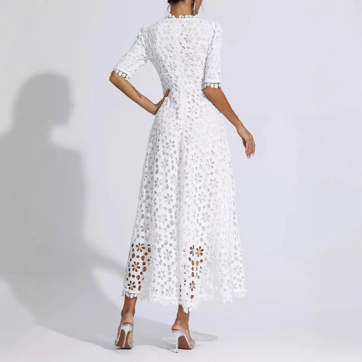 Damen Midi Kleid mit floralen Stickereien und V-Ausschnitt Drune