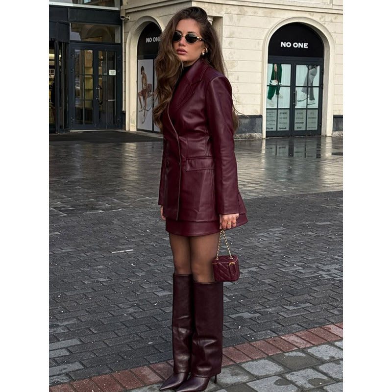 Damen elegante Lederjacke im modernen Schnitt mit doppelter Knopflochleiste Drune