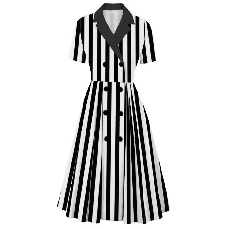 Damen elegantes Midikleid mit doppelter Knopfleiste und schwingendem Rock Drune