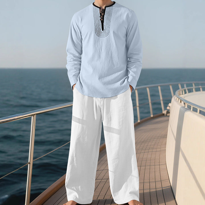 Herren nan Tunika- und Palazzohose-Set mit Henley-Blende, Zierstickerei und weitem Schnitt Drune