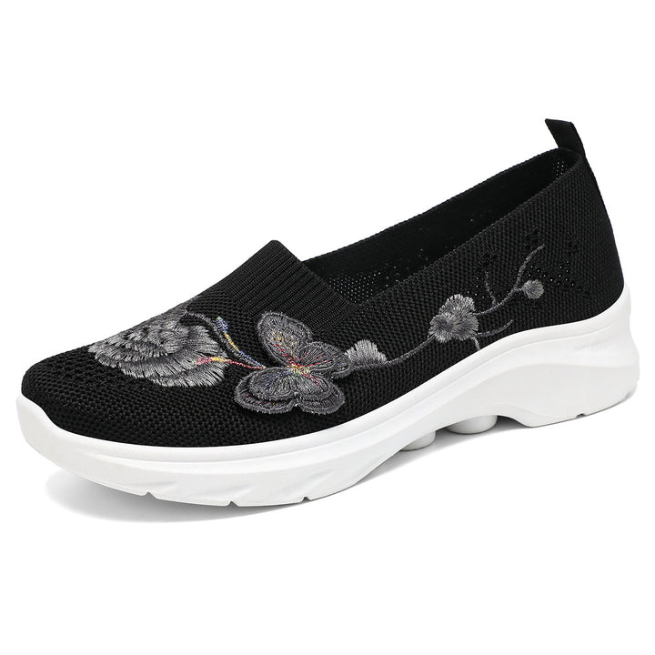 Damen nan gestrickte Slip-On Slipper mit Schmetterlings-Stickapplikation und dämpfender EVA-Plateausohle Drune