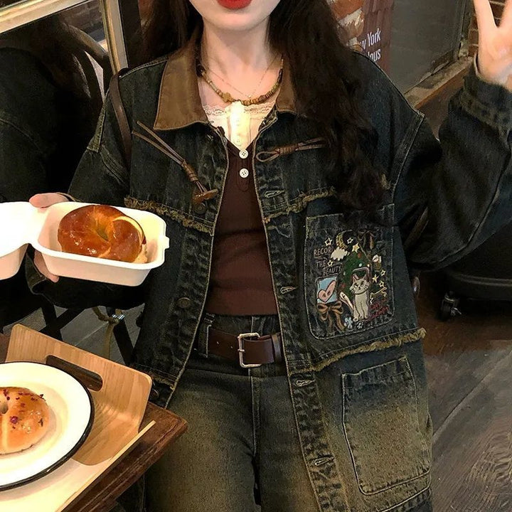 Damen lässige Denimjacke mit einzigartigen Stickmustern Drune