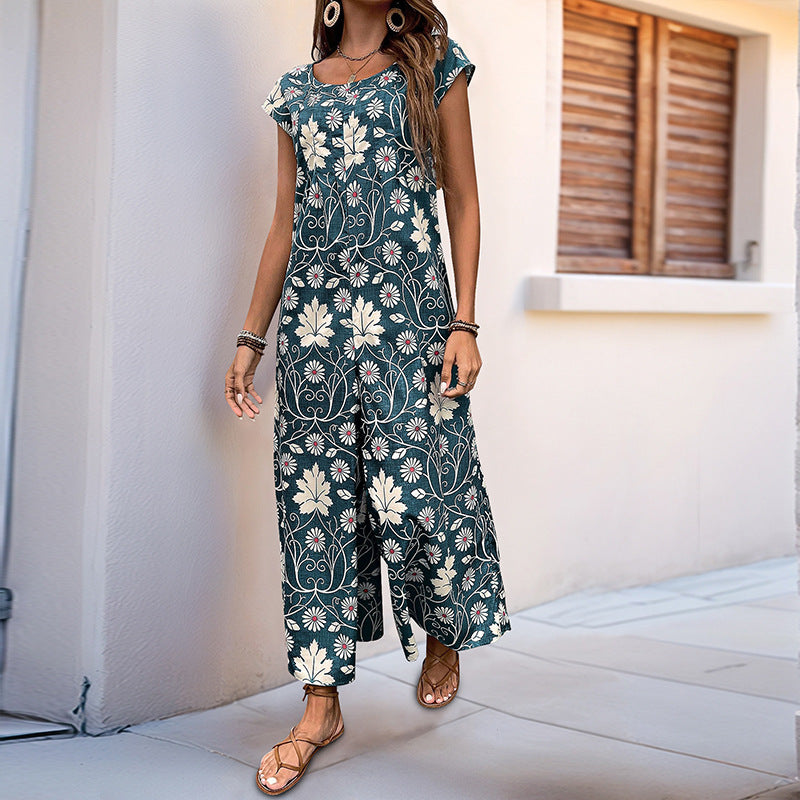 Damen Jumpsuit mit floralem Design und kastanienbraunem Bindegürtel Drune