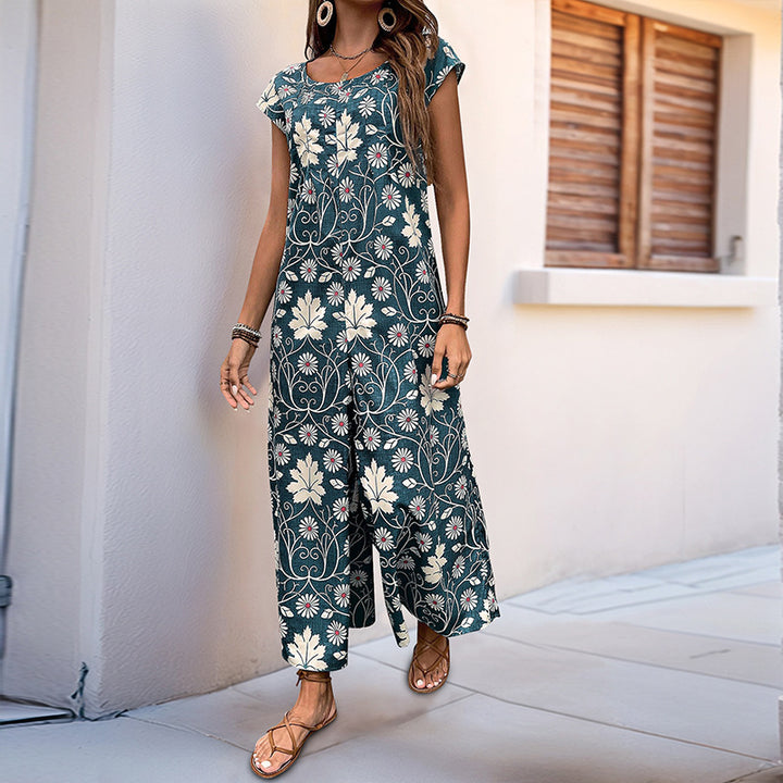 Damen Jumpsuit mit floralem Design und kastanienbraunem Bindegürtel Drune