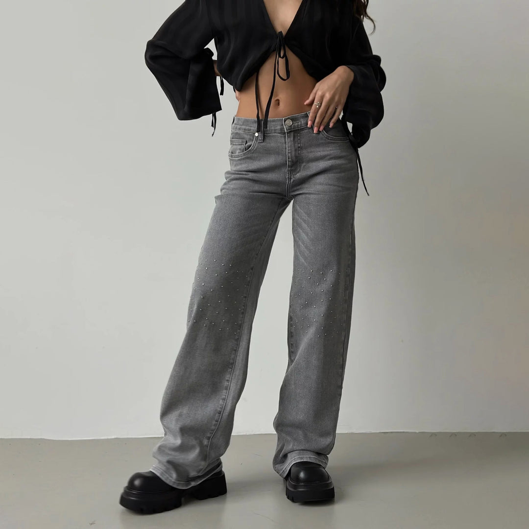 Damen Hochgeschnittene Jeans mit modischem Distressed-Design und originellen Nieten Drune