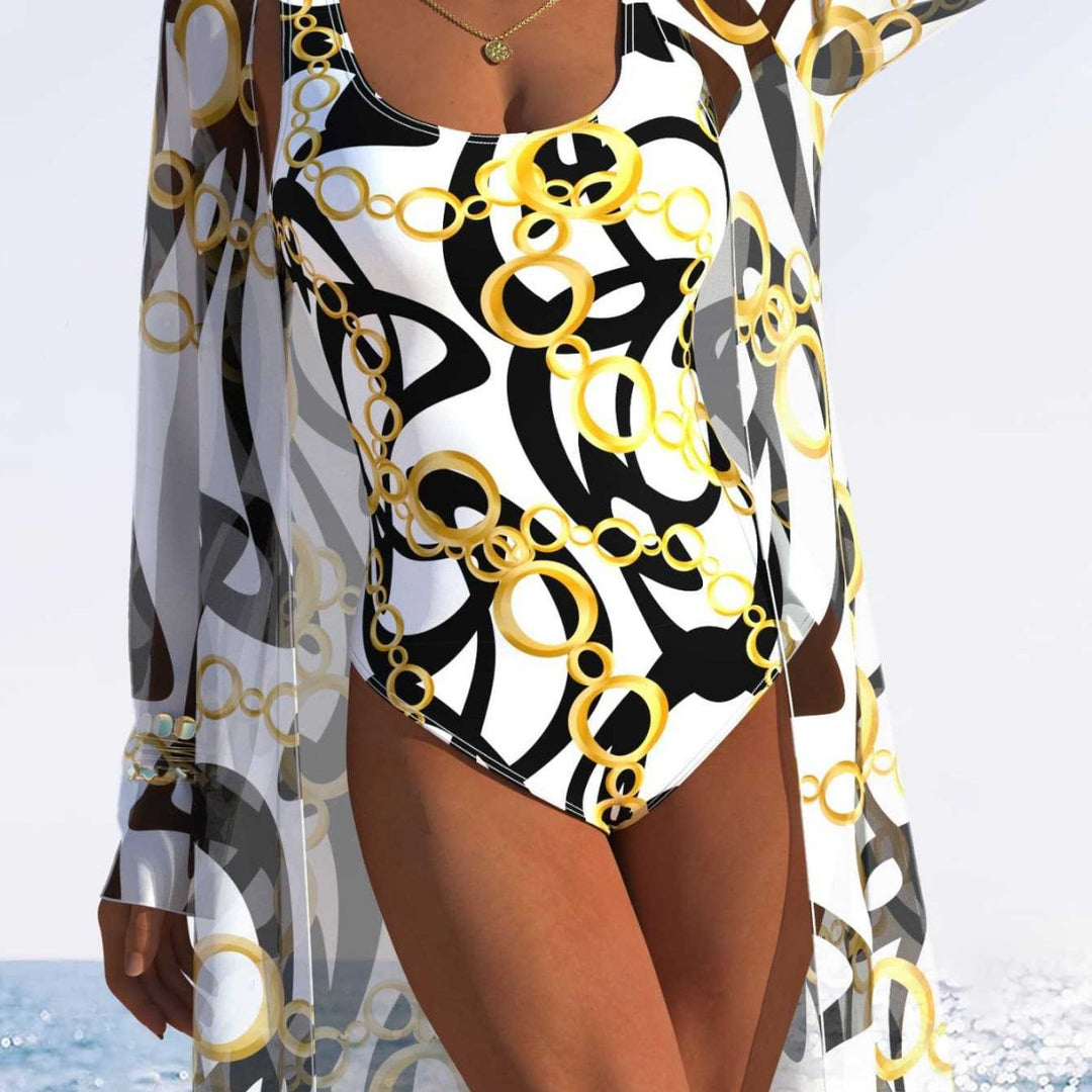 Damen eleganter Einteiler Badeanzug mit transparentem Überwurf und modernem Ringdesign Drune