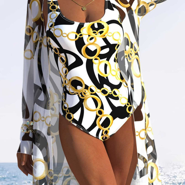 Damen eleganter Einteiler Badeanzug mit transparentem Überwurf und modernem Ringdesign Drune