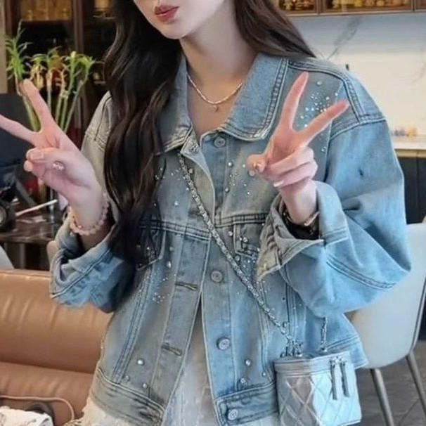 Damen Denimjacke mit dekorativen Perlen Drune