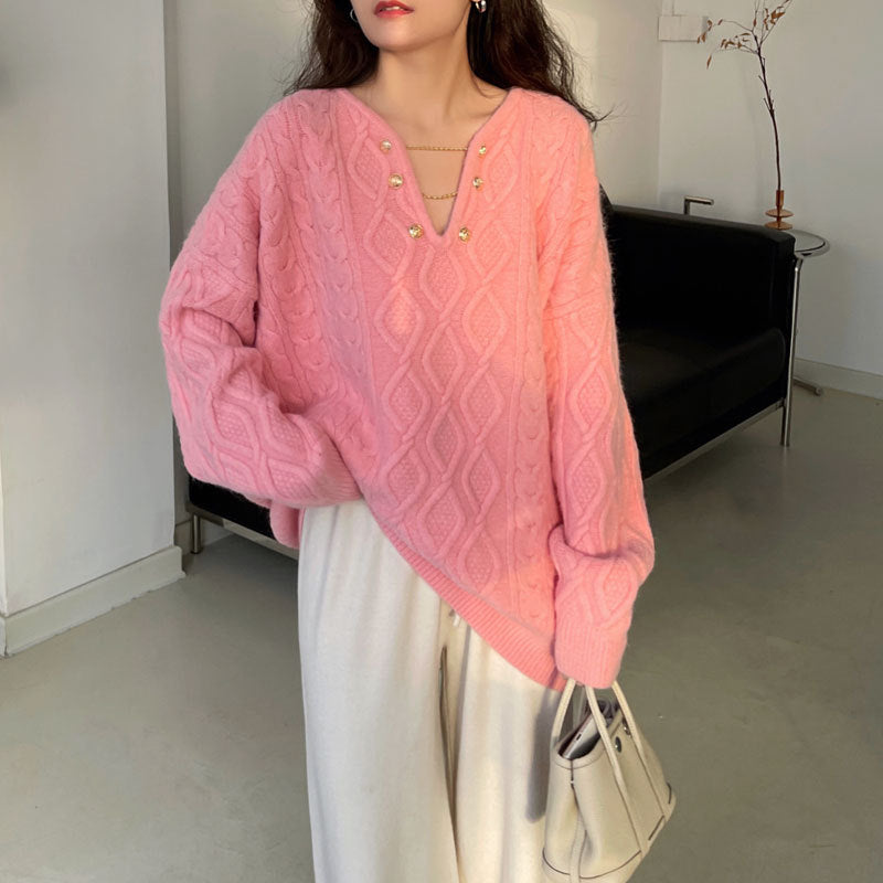Damen Grobstrickpullover mit dekorativem Knopfverschluss und V-Ausschnitt Drune