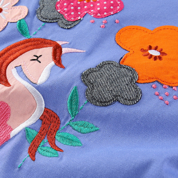 Mädchen Baumwoll-Kleid mit handgestickter Einhorn-Applikation Drune