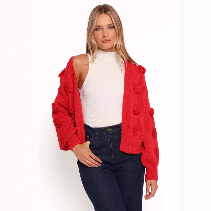 Damen Strickjacke mit floralem Design und voluminösen Ärmeln Drune