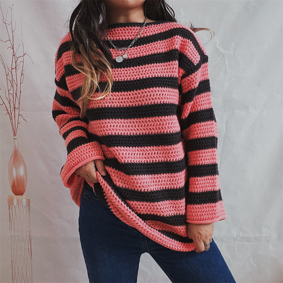 Damen lässiger gehäkelter Pullover mit modernen Blockstreifen Drune