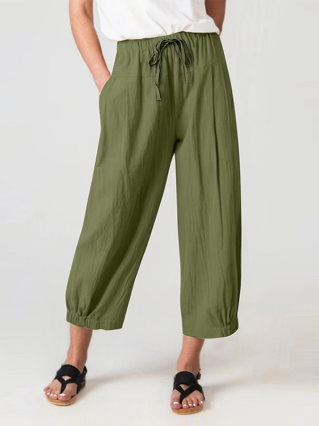 Damen weite Leinenhose mit elastischem Bund und praktischen Taschen Drune
