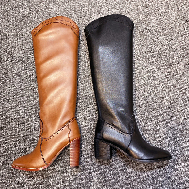Damen Hochwertige Leder Knielange Westernstiefel Drune