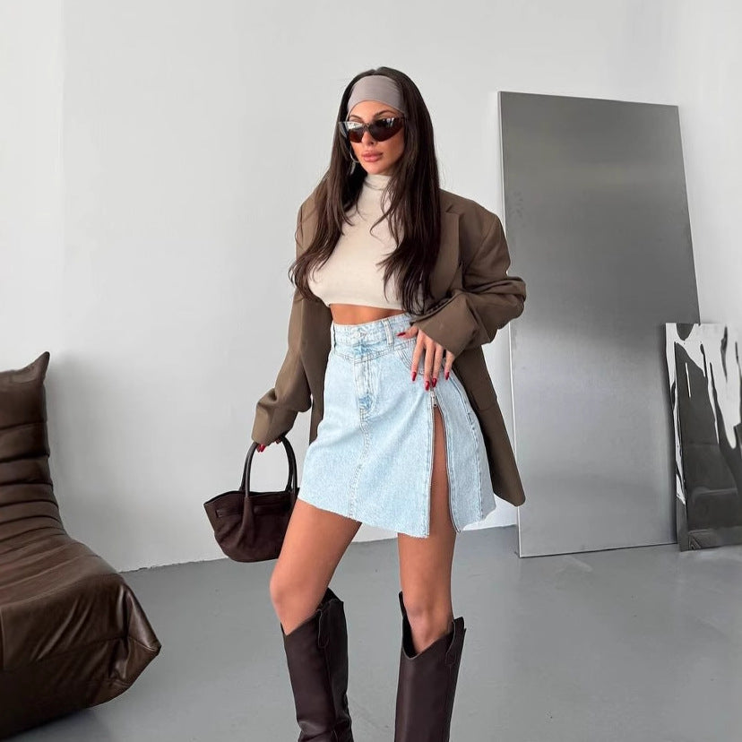 Damen Denimrock mit asymmetrischem Saum und seitlichem Reißverschluss Drune