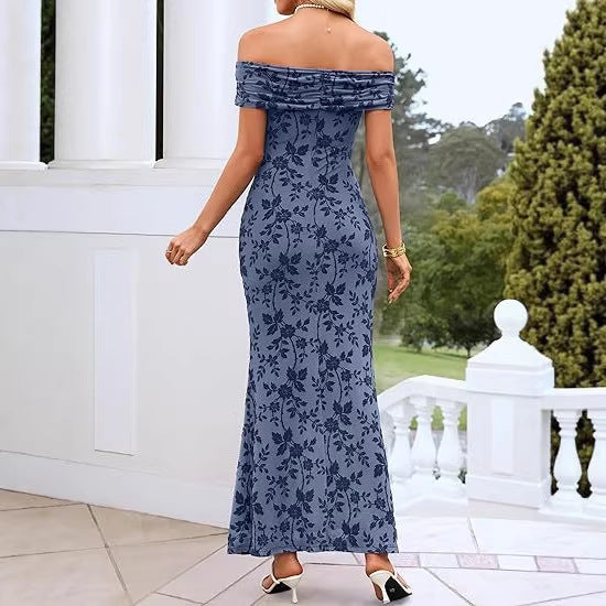 Damen elegantes Off-Shoulder Maxikleid mit floralem Muster und elastischem Einsatz Drune