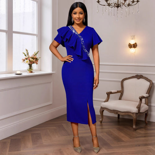 Damen elegantes, figurbetontes Kleid mit Rüschendetails und funkelndem Akzent Drune