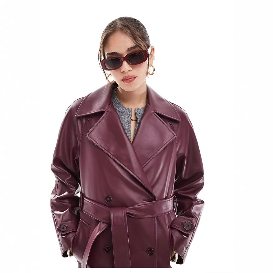 Damen modische Trenchjacke aus veganem Leder Drune