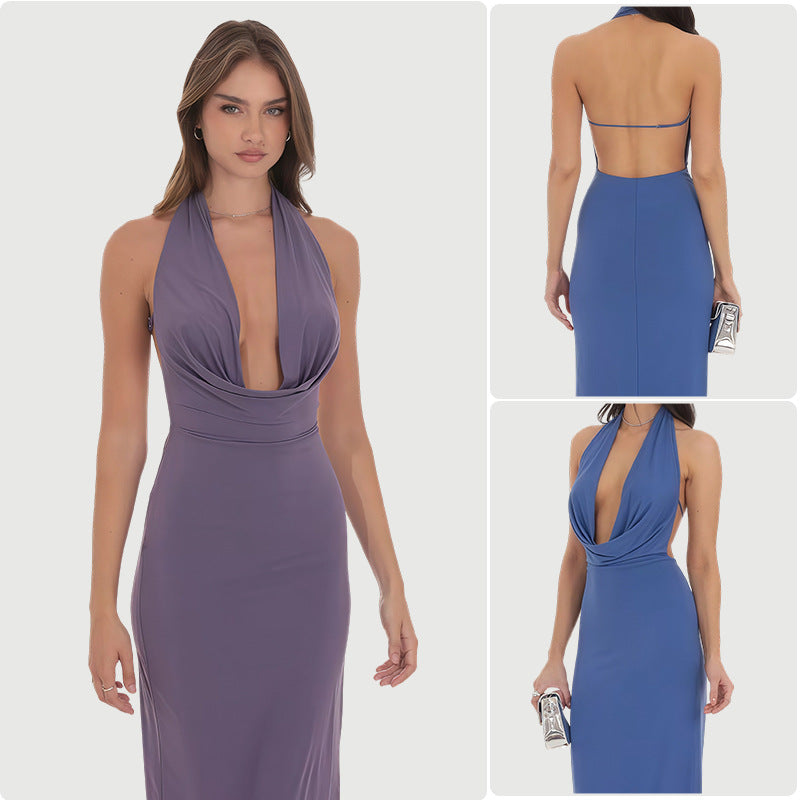 Damen Langarm-Elegant Kleid mit tiefem V-Ausschnitt und fließendem Saum Drune