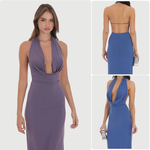 Damen Langarm-Elegant Kleid mit tiefem V-Ausschnitt und fließendem Saum Drune