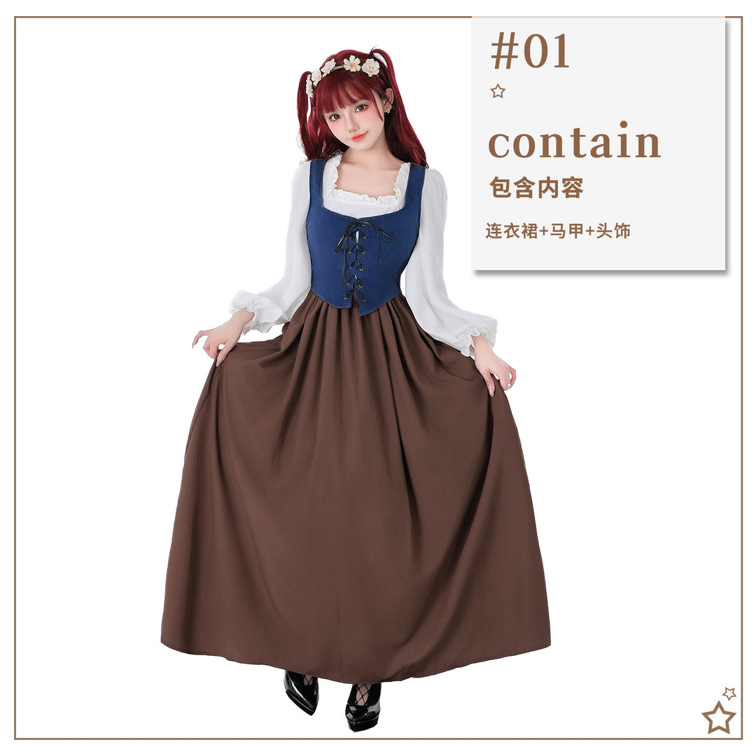Damen nan mittelalterliches Dirndlkleid mit Schnürmieder, weiten Rüschenärmeln und bodenlangem Rock Drune