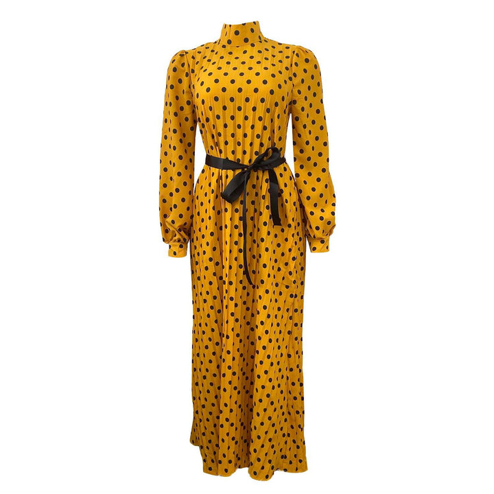 Damen Maxikleid mit elegantem Stehkragen und Taillengürtel Drune