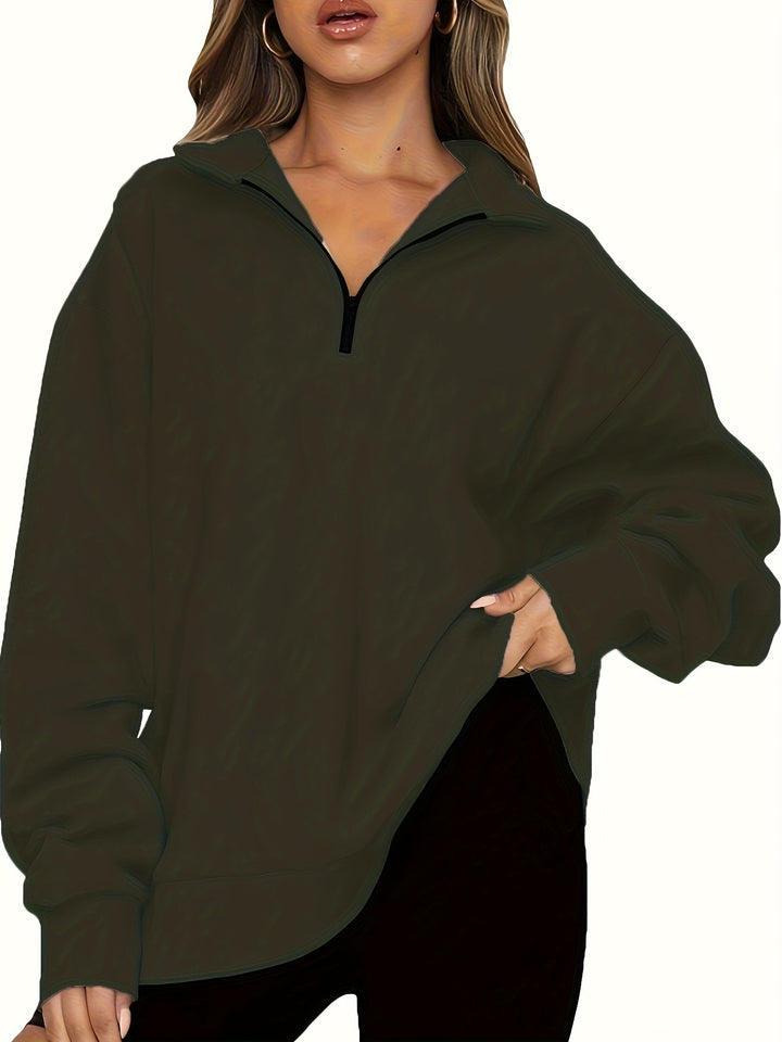 Damen nan Oversized Sweatshirt mit Kurzreißverschluss, Stehkragen und Kängurutasche Drune