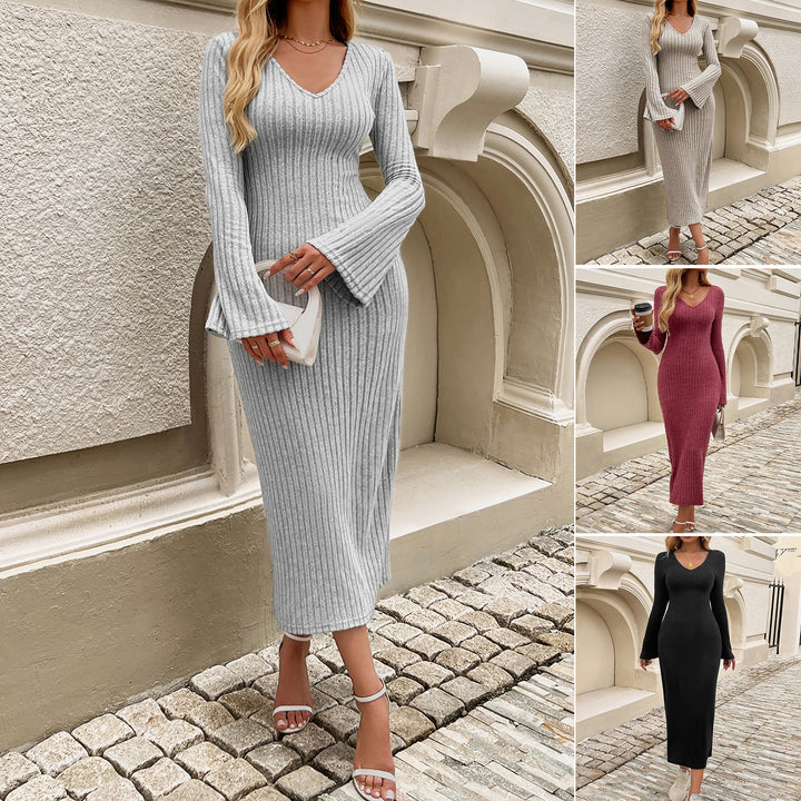 Damen Strick-Midi-Kleid mit V-Ausschnitt und voluminösen Ärmeln Drune
