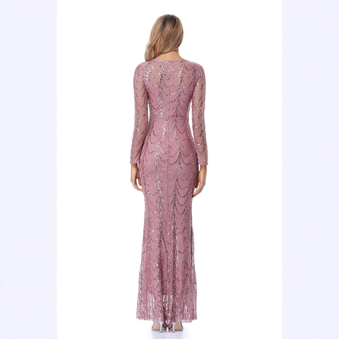 Damen Figurbetontes Abendkleid mit transparenten Ärmeln und Paillettenverzierung Drune