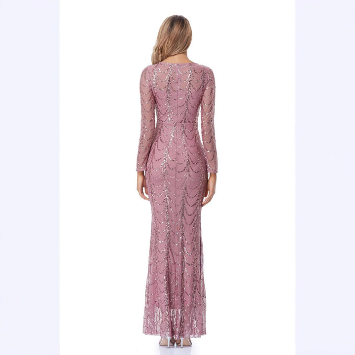 Damen Figurbetontes Abendkleid mit transparenten Ärmeln und Paillettenverzierung Drune