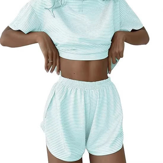 Damen lässiges Crop-Top und Short-Set mit gestreiftem Muster Drune