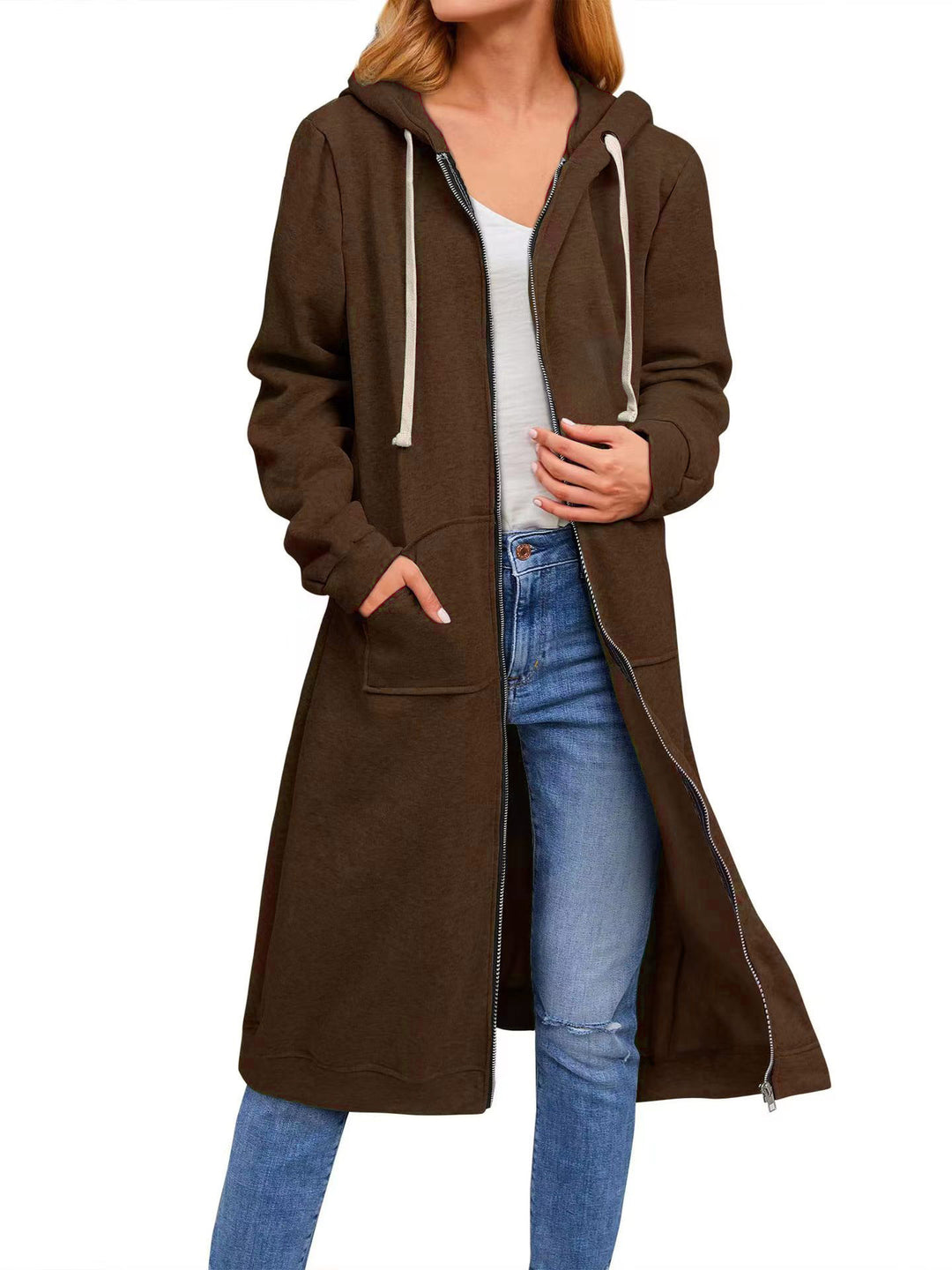 Damen Long Hoodie-Jacke aus bequemen Sweatmaterial mit Taschen Drune