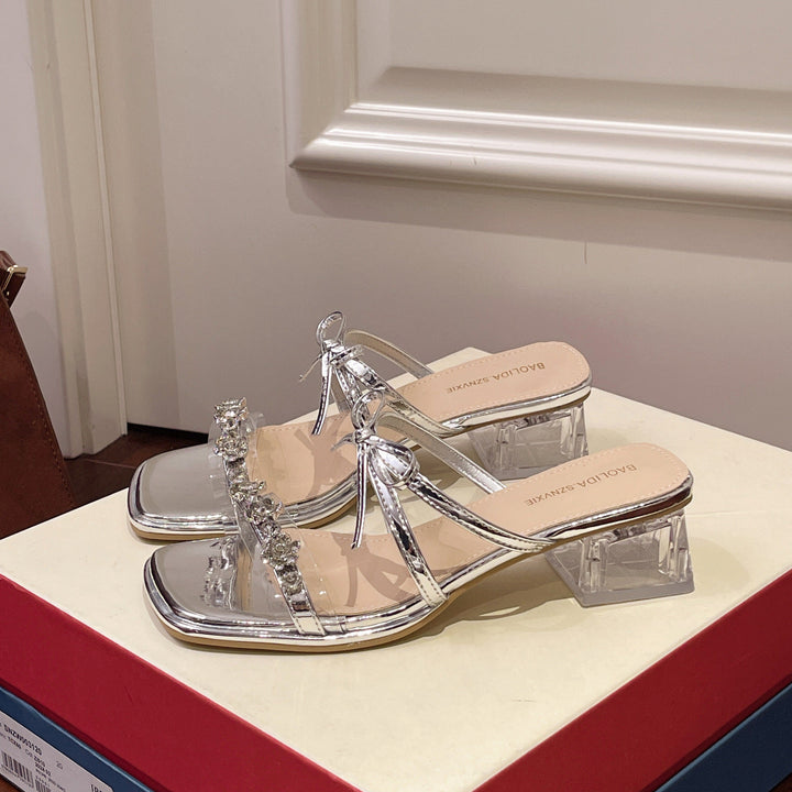Damen glamouröse Sandalen mit funkelnden Strassdetails und transparentem Blockabsatz Drune