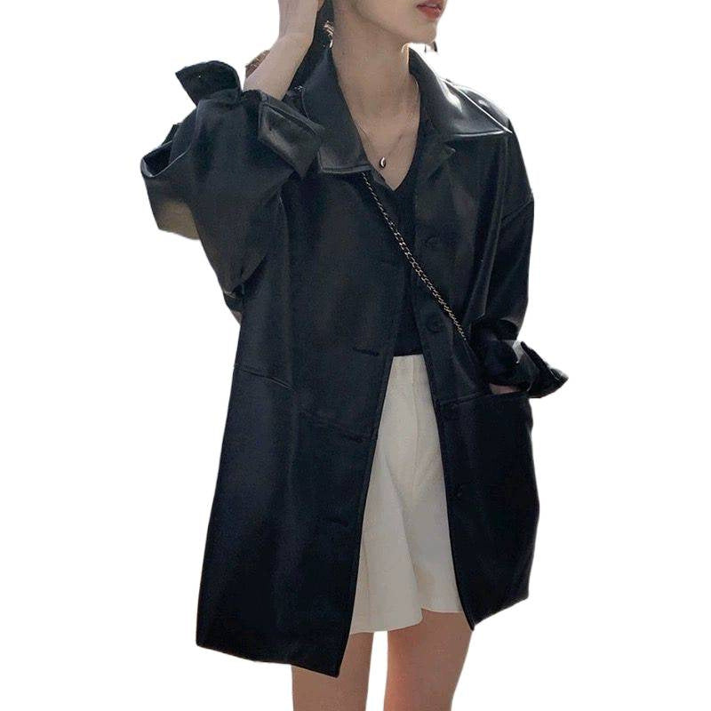 Damen Modische Lederjacke im Oversized-Stil mit klassischem Kragen und dekorativen Knöpfen Drune
