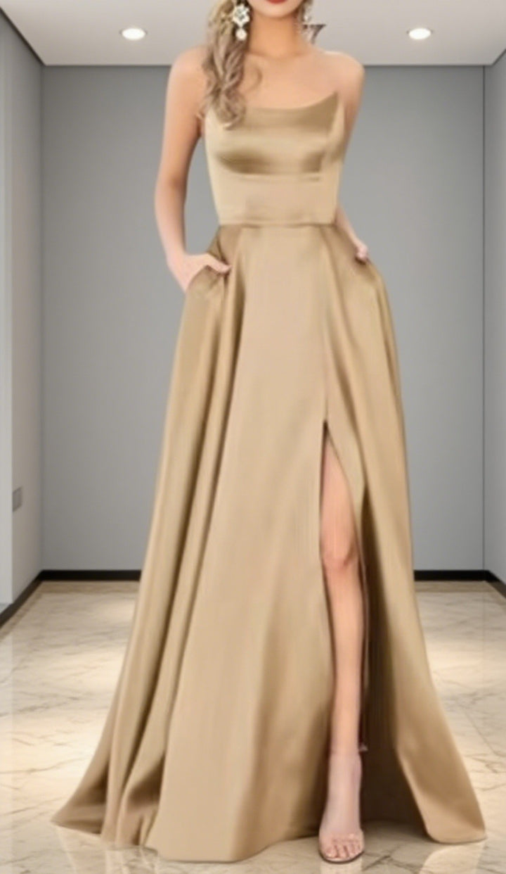 Damen Elegantes Abendkleid mit seitlichem Schlitz und schmalen Spaghetti-Trägern Drune