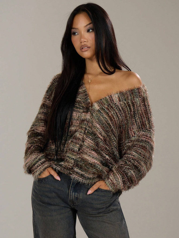 Damen lässiger Cardigan aus Flauschigem Strukturgewebe Drune