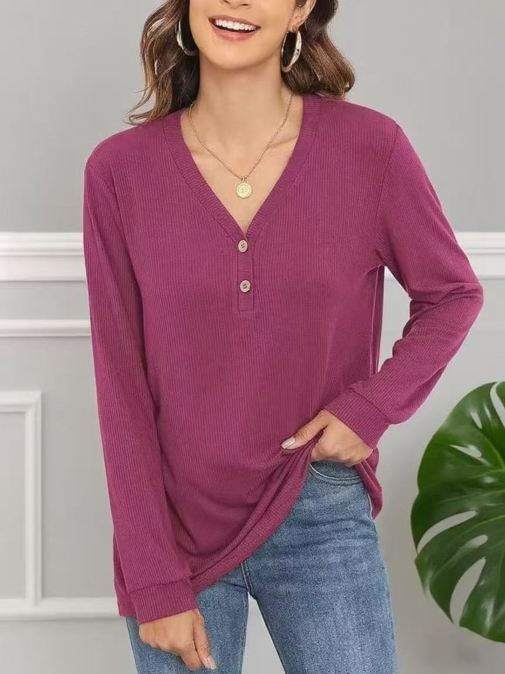 Damen lässiges Langarmshirt mit Knopfleiste und feiner Struktur Drune
