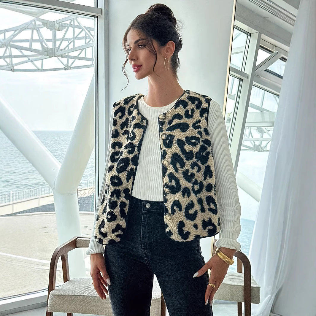 Damen Modische Plüschweste mit Leopardmuster Drune