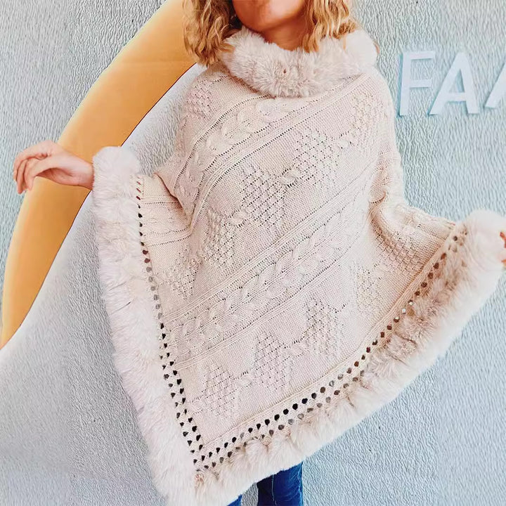 Damen Strickponcho mit dekorativem Kragen und gefüttertem Saum Drune