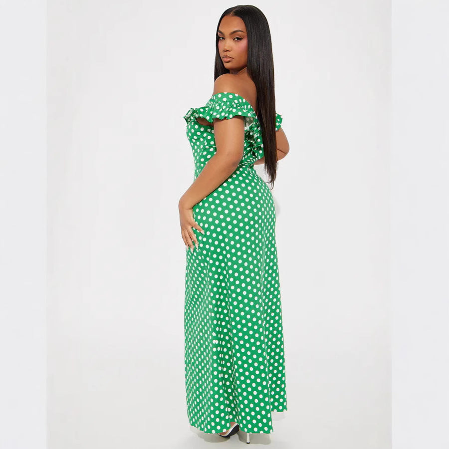 Damen Elegantes Maxikleid mit Rüschendetails und Polka-Dots Drune