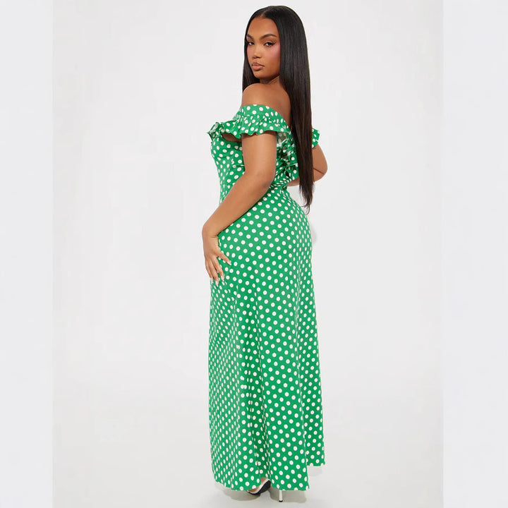 Damen Elegantes Maxikleid mit Rüschendetails und Polka-Dots Drune